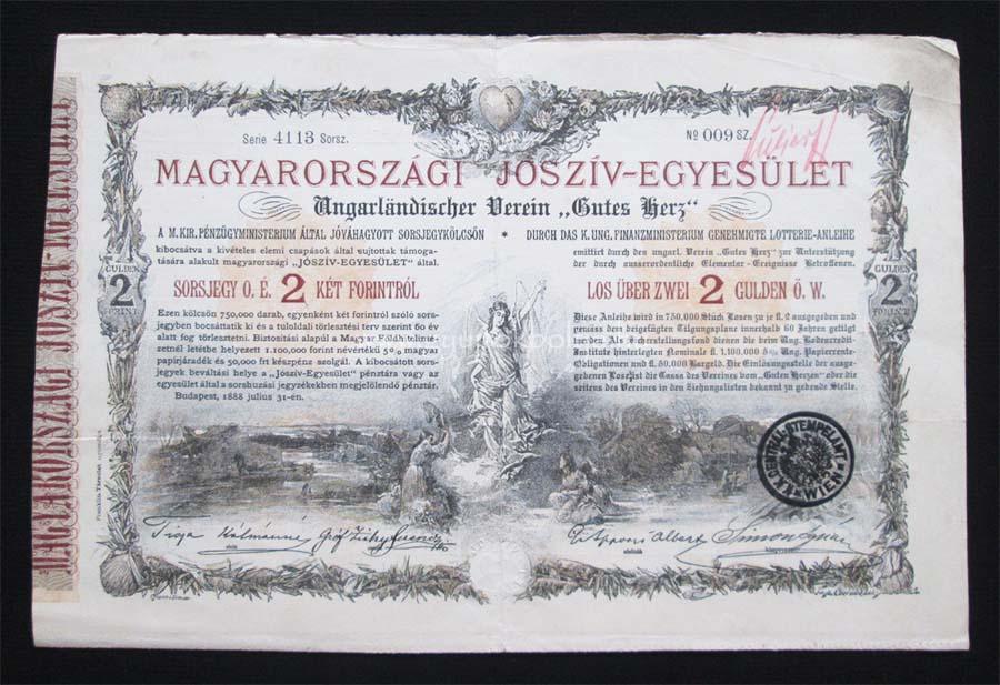Magyarországi Jószív-Egyesület sorsjegy 2 forint 1888